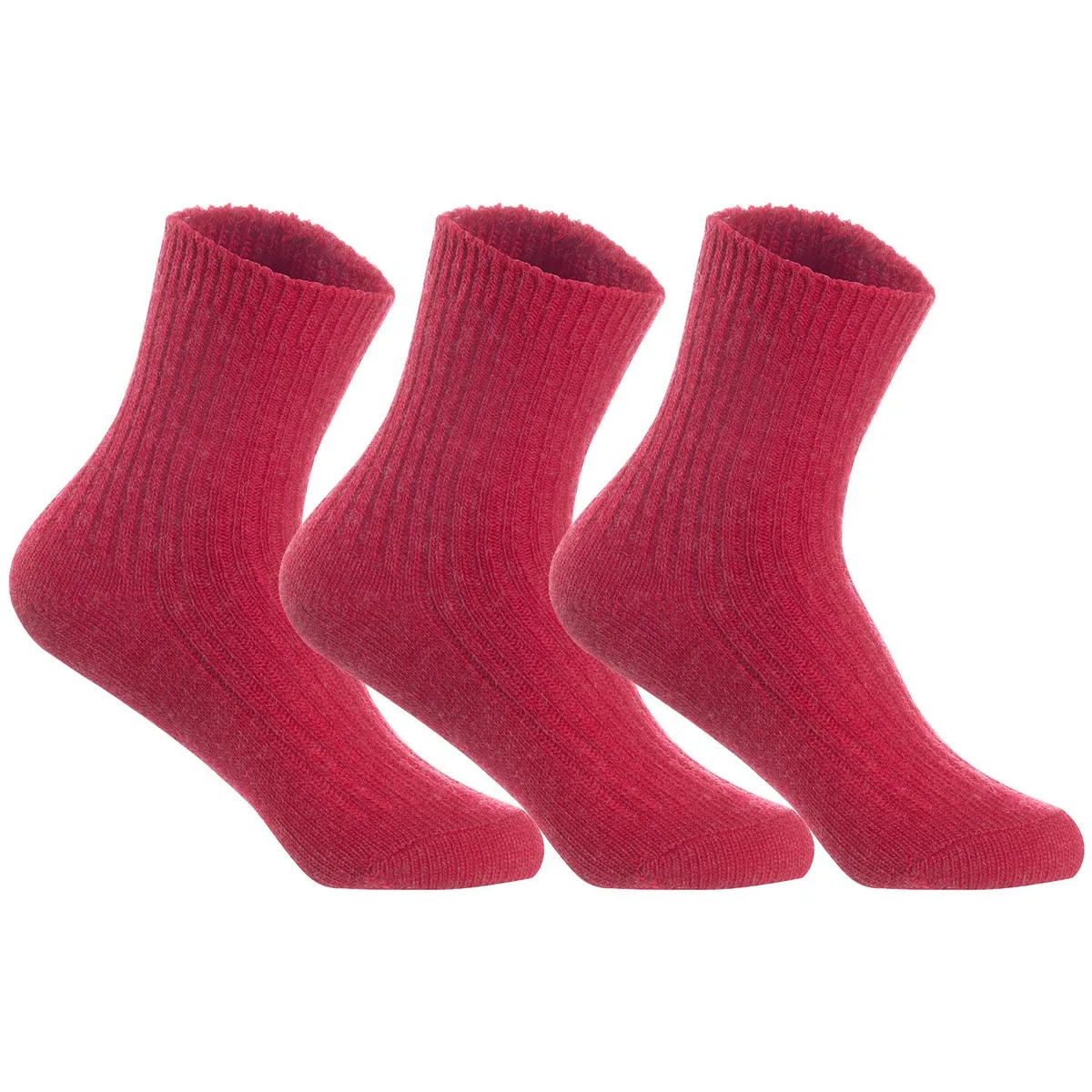 Three pairs of red wool crew socks folded together