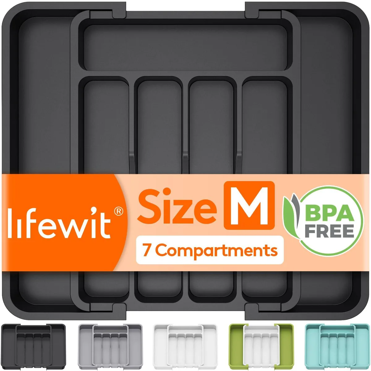 Red plastic expandable utensil tray with five compartments and two adjustable layers, 8.9 to 14.7 inches wide