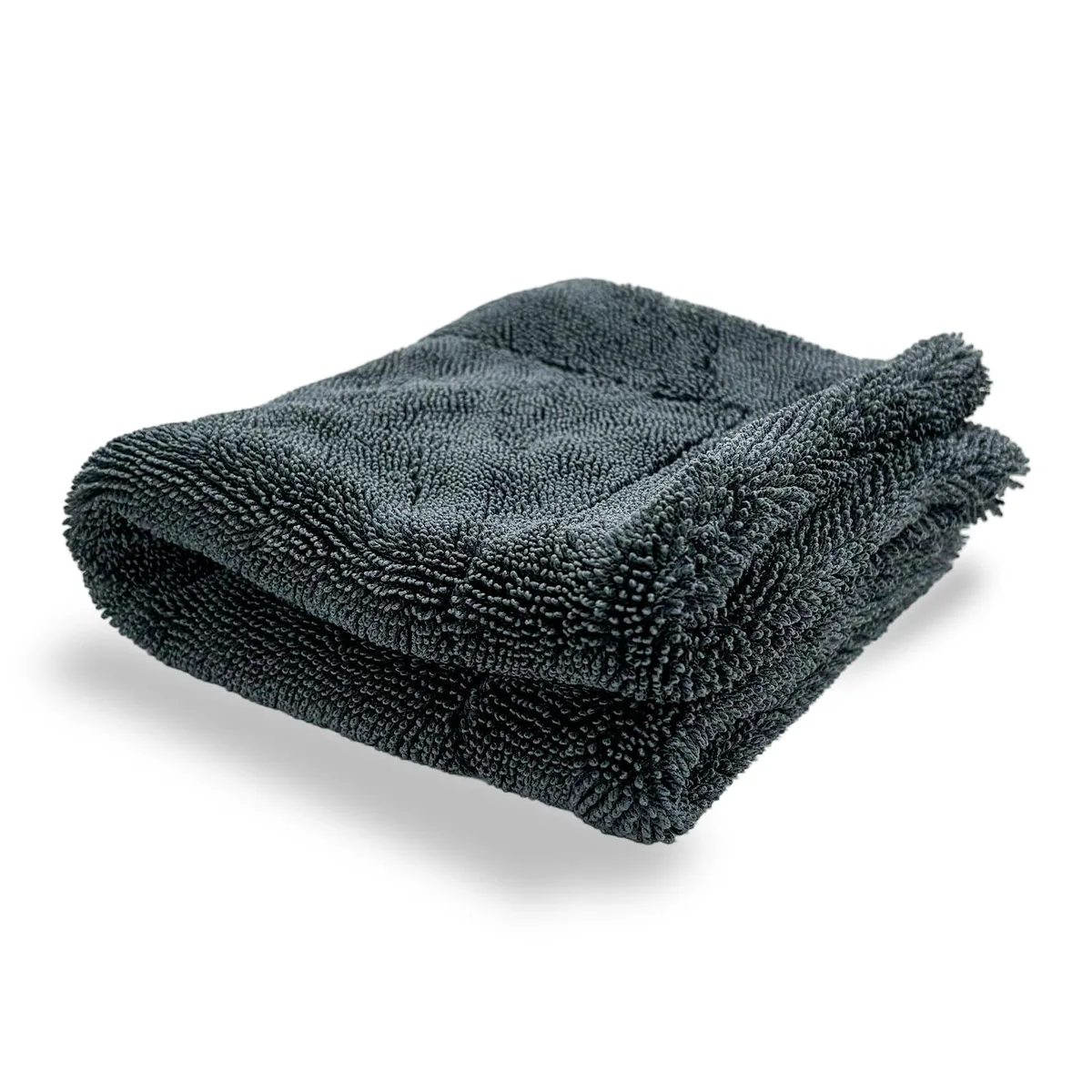 Square gray microfiber towel with twisted loop weave and wrapped edges