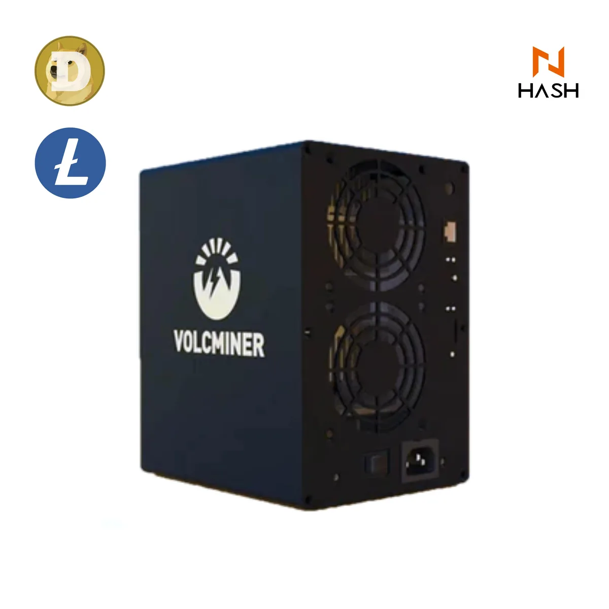 Compact rectangular crypto miner in matte dark finish with front grille and rear ports