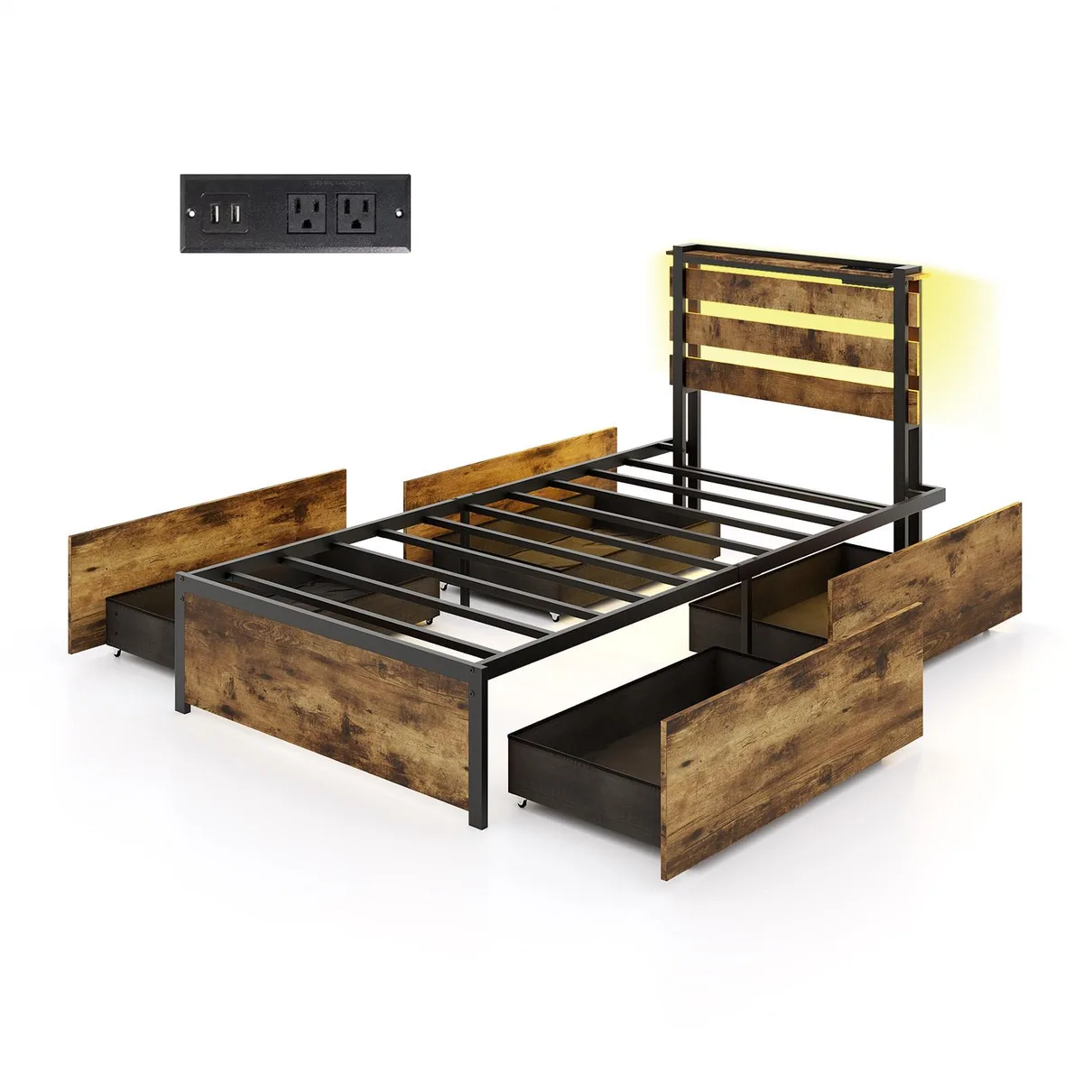 SlickBlue SlickBlue Twin Bed Frame with Drawers LED USB Brown — product photo