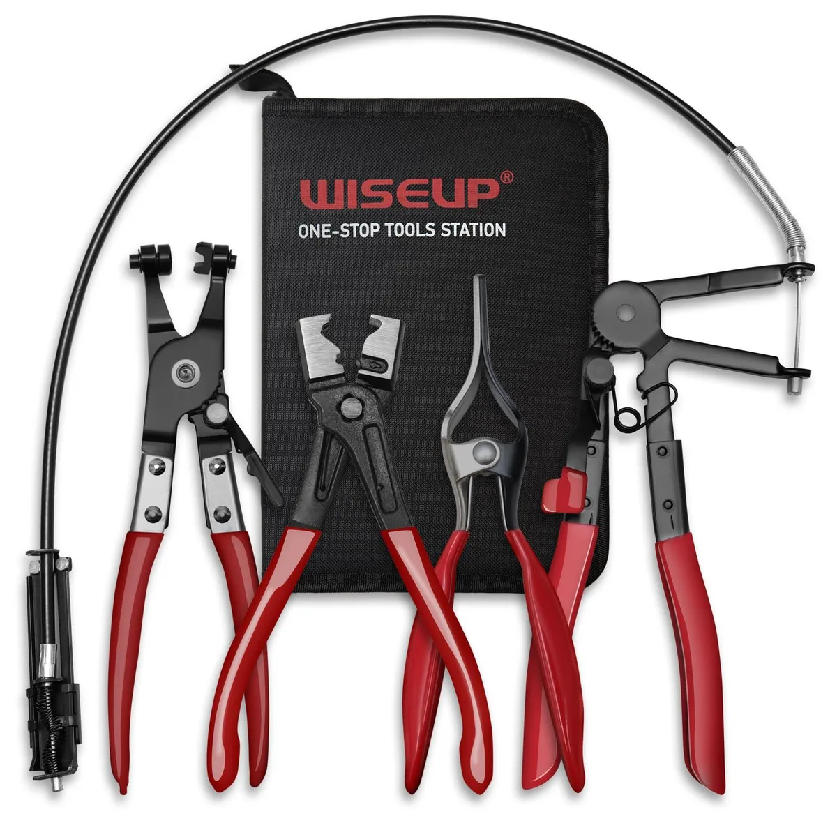 Four red-handled steel hose clamp pliers in a storage box