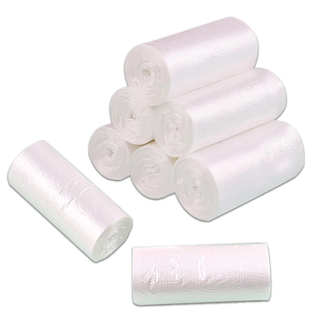 A box containing eight rolls of small white polyethylene bags, 240 count total