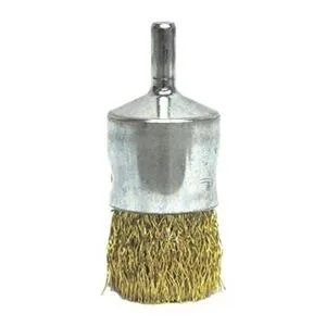 Crimped brass wire end brush, silver finish, quarter-inch round shank