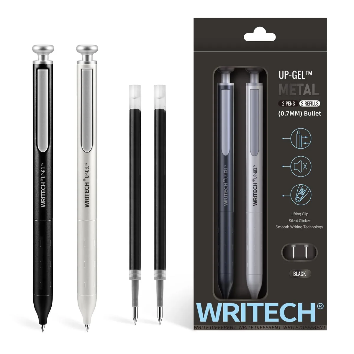 Two retractable metal-barrel gel pens in black and white finish with two refills