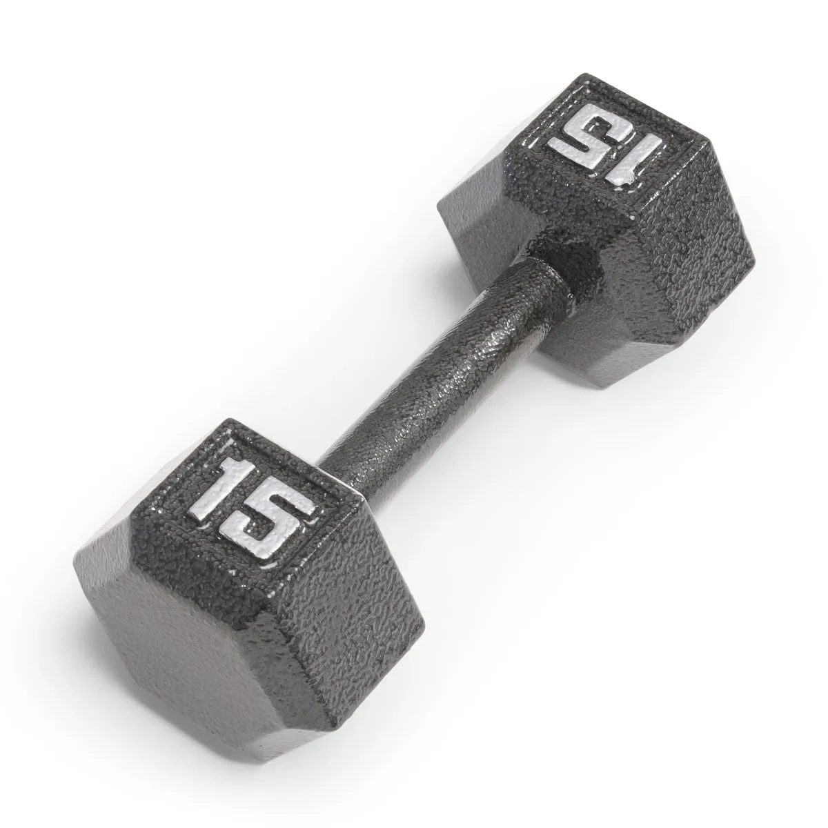 Single black cast-iron hex dumbbell with knurled handle, 15 lb