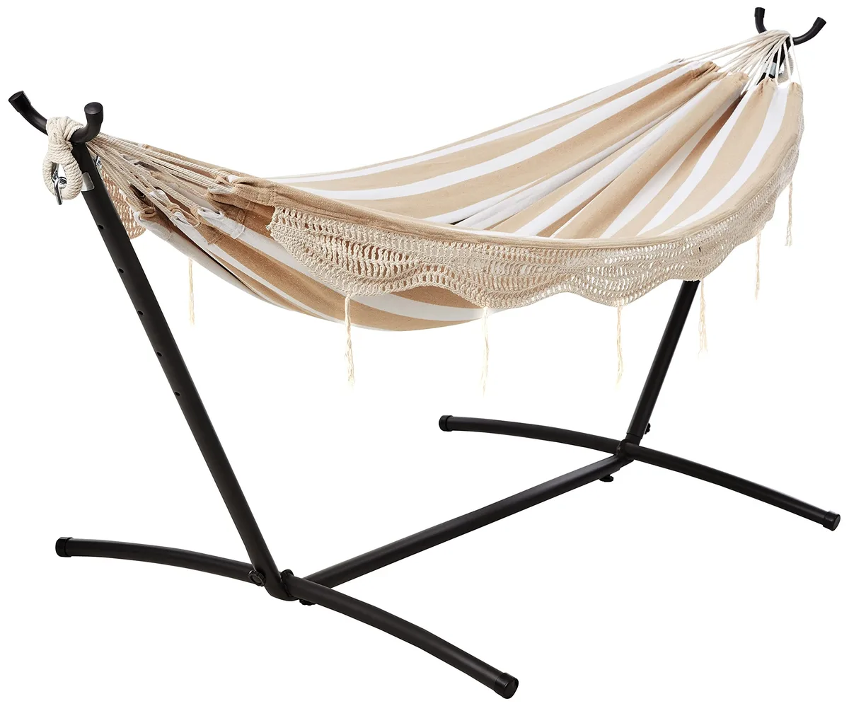 Beige striped cotton-polyester double hammock on 9-foot steel stand with lace trim