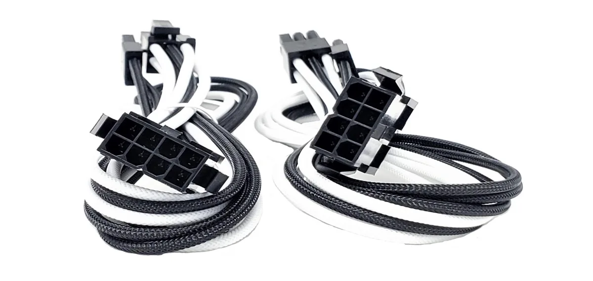 Micro Connectors Micro Connectors 8 (6+2) Pin PCI-e GPU Power Extension Cable 1.5 ft White/Black 2-Pack — product photo