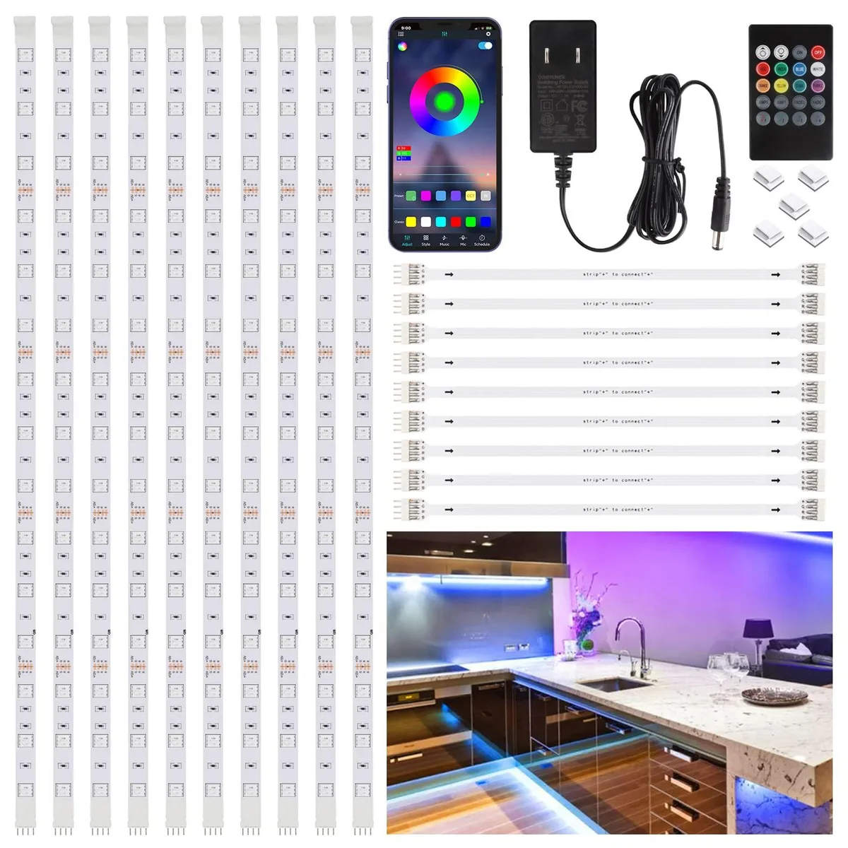 Ten white plastic LED strips and connectors with a power adapter and remote