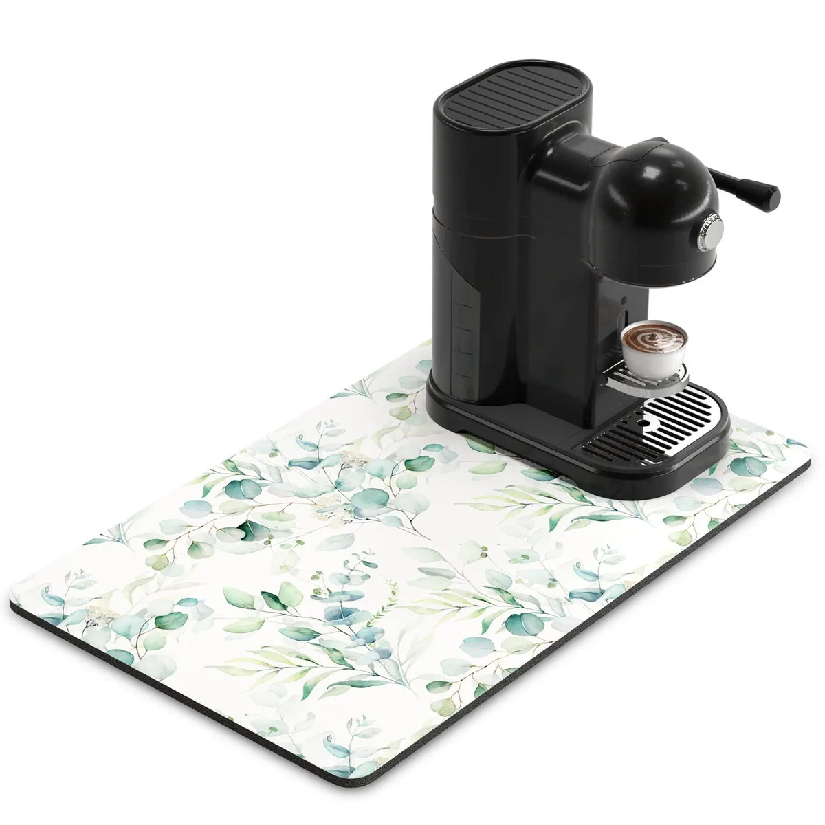 White rectangular coffee mat with suede surface and rubber backing, 12 by 19 inches