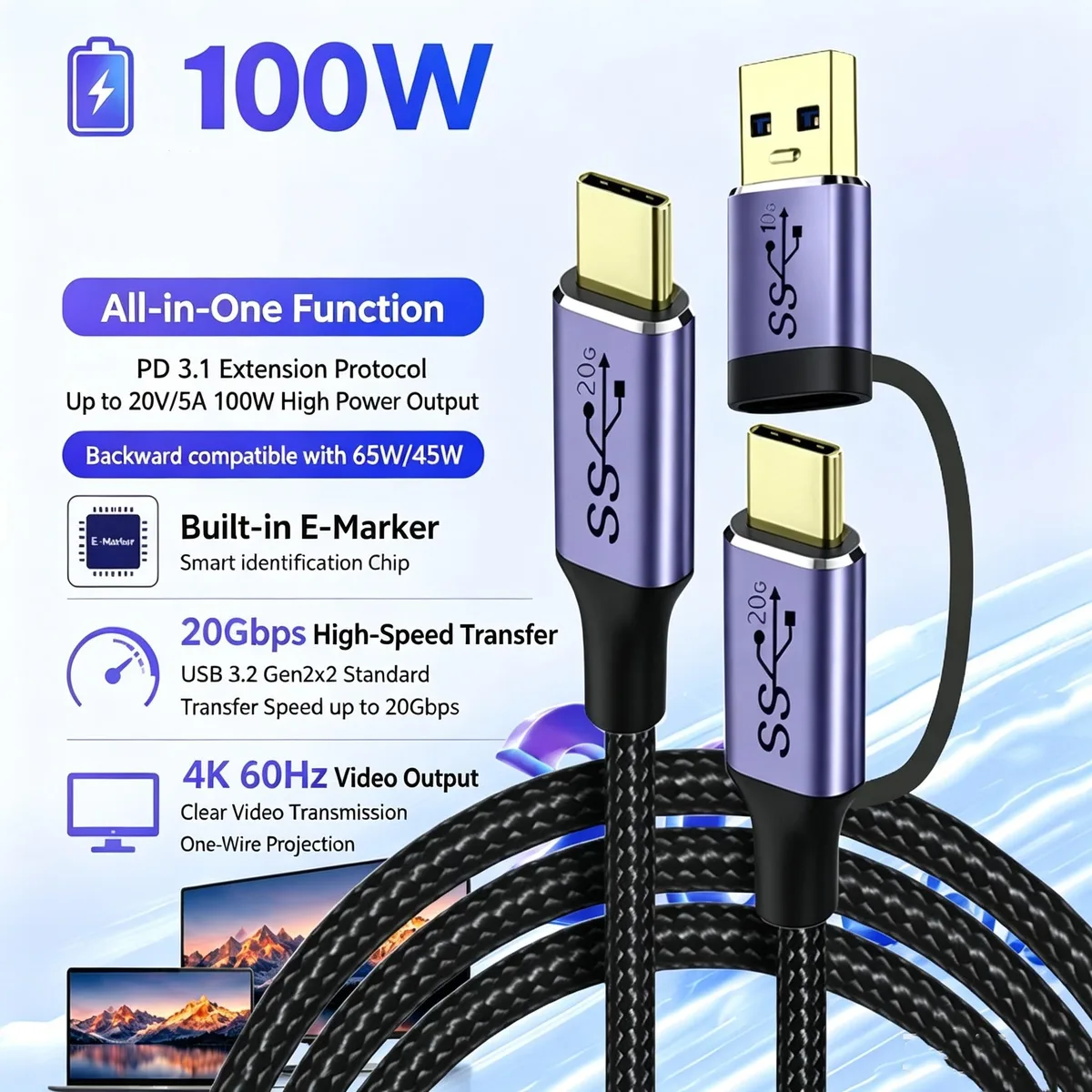 Aomoproing Aomoproing 2 in 1 USB3.2 Gen2x2 Type-C to Type-C Cable 0.5M with USB-A Adapter — product photo
