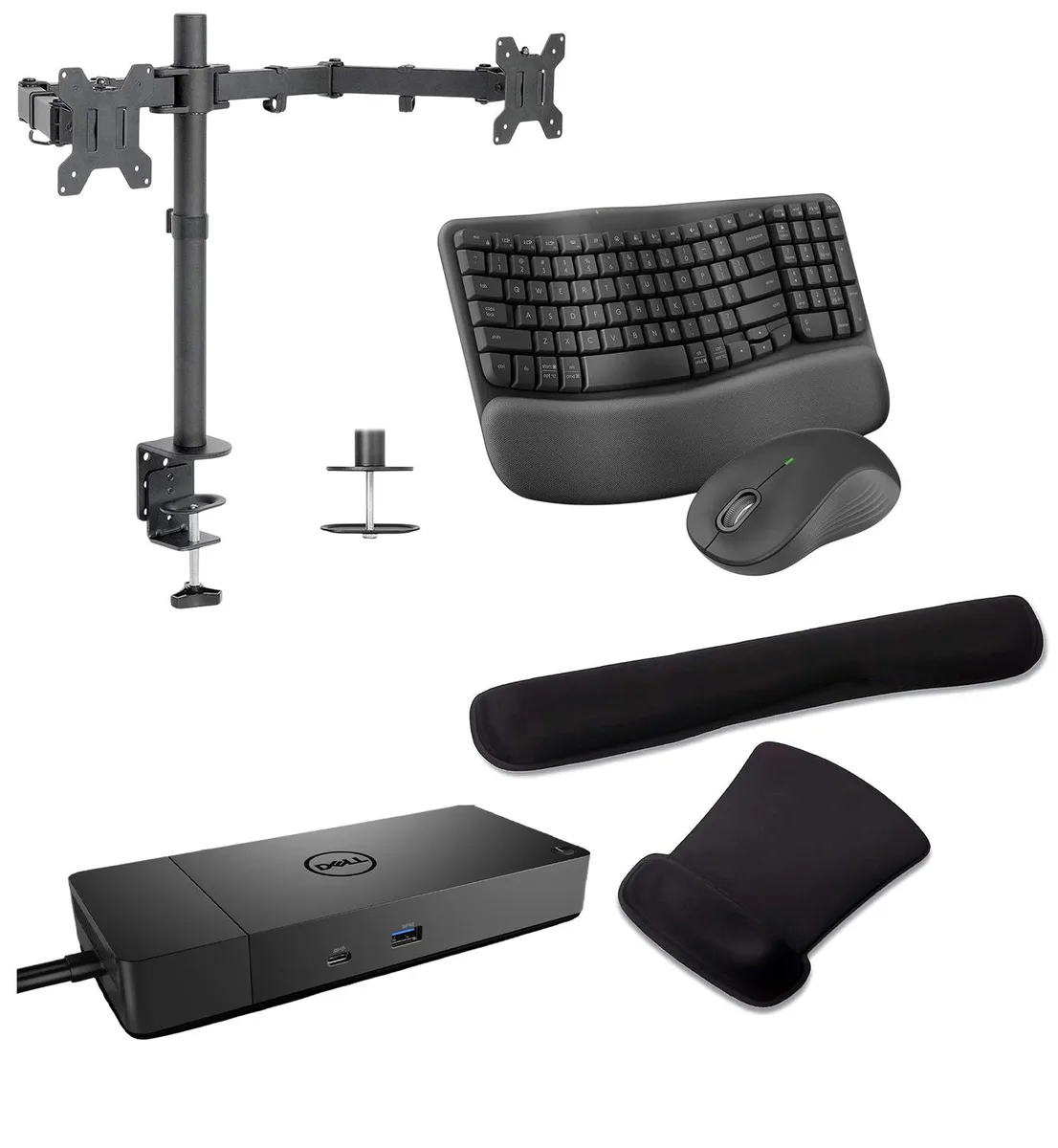 DELL DELL WD19DCS USB-C Dock 210W Triple 4K Bundle: Dual Monitor Stand, MK670 Keyboard &amp; Mouse, Gel Wrist Pad — product photo