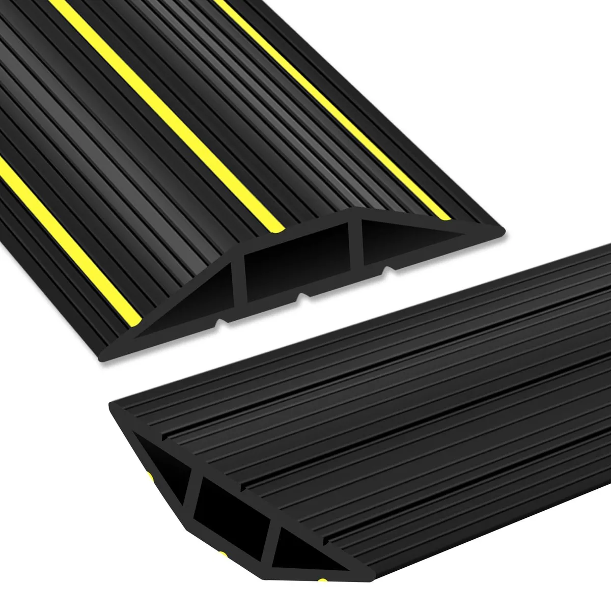 Black rubber floor cord cover with three channels and yellow safety stripes, 3.3 ft length