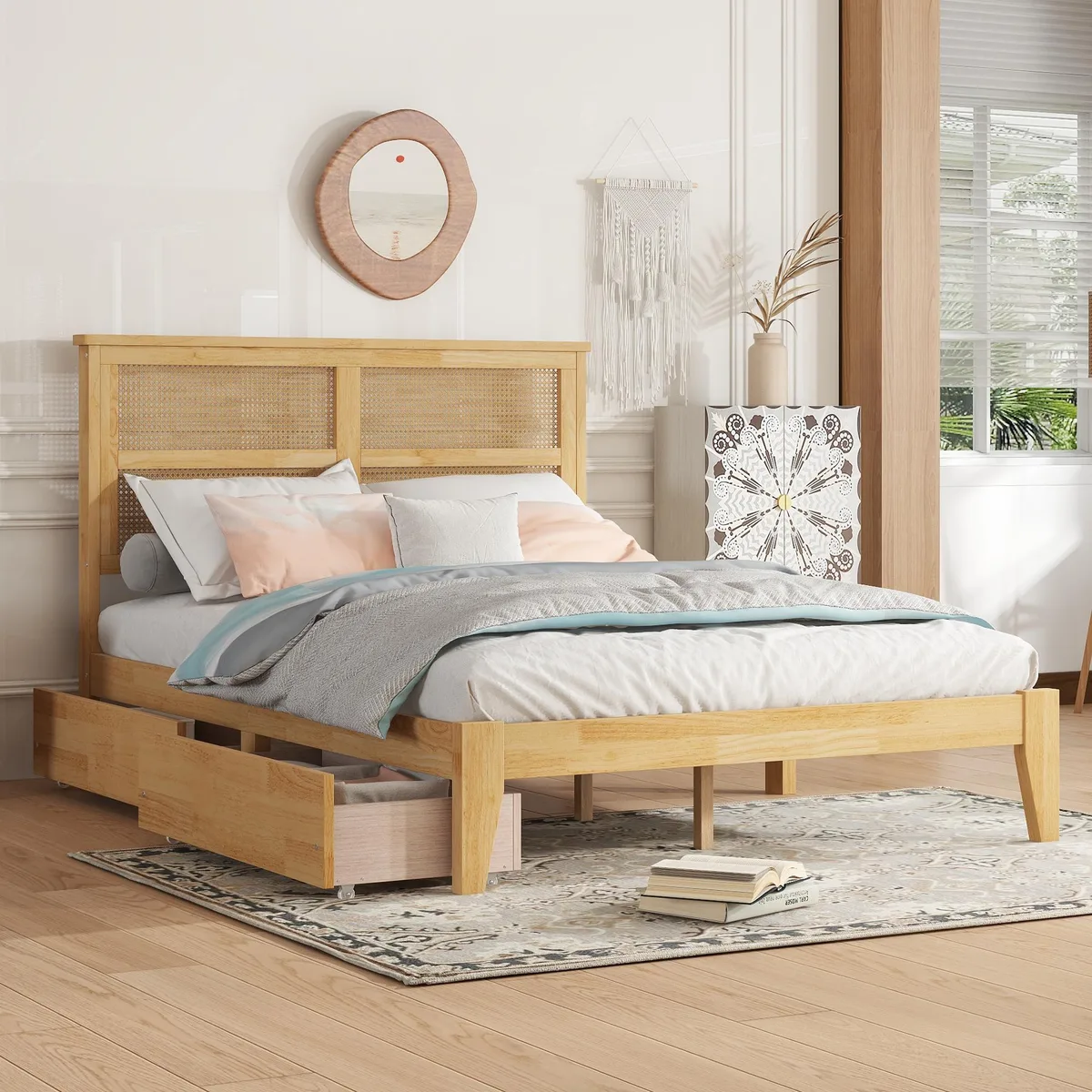 Full size bed with rattan headboard, two storage drawers, white oak finish