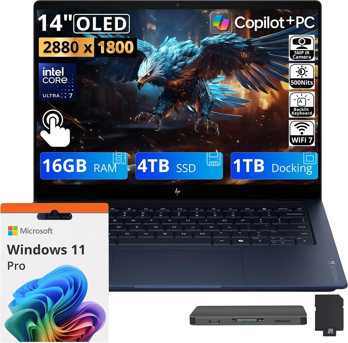 HP HP OmniBook X 14" 3K OLED Touch Business Laptop Intel Core Ultra 7 355 16GB LPDDR5X 4TB SSD 1TB Dock Blue — product photo