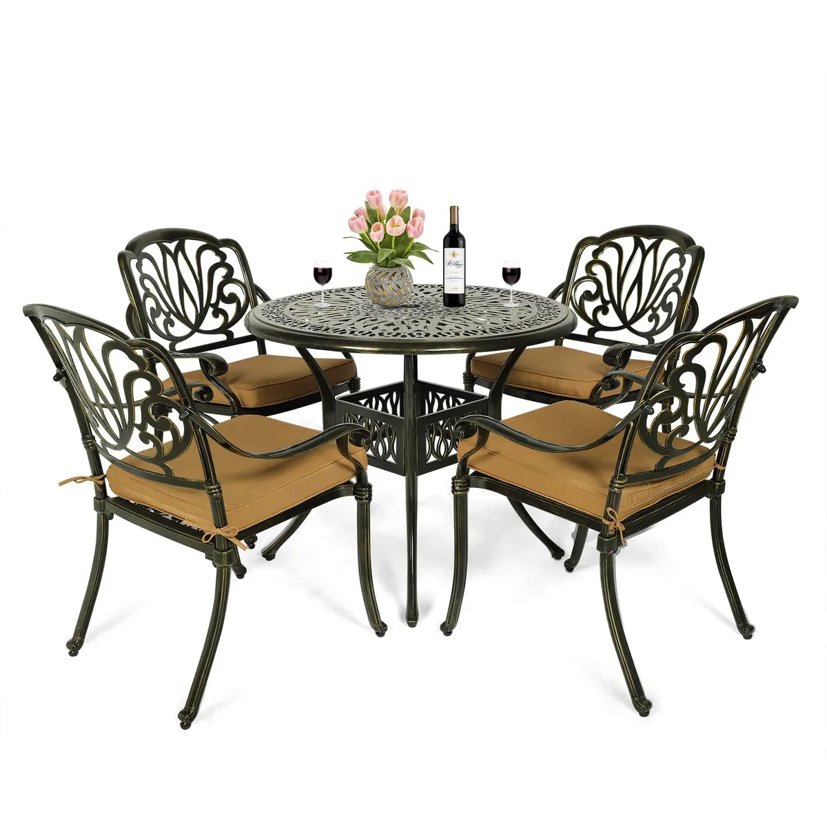 MEETWARM MEETWARM 5 Piece Patio Dining Set Cast Aluminum Round Table 4 Chairs Cushions Umbrella Hole — product photo