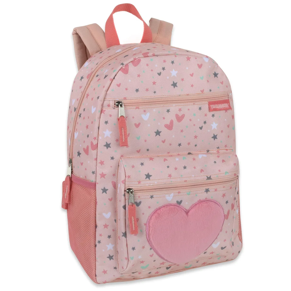 Pink plush backpack with star and heart pattern, 17 inches tall, padded straps, mesh side pockets