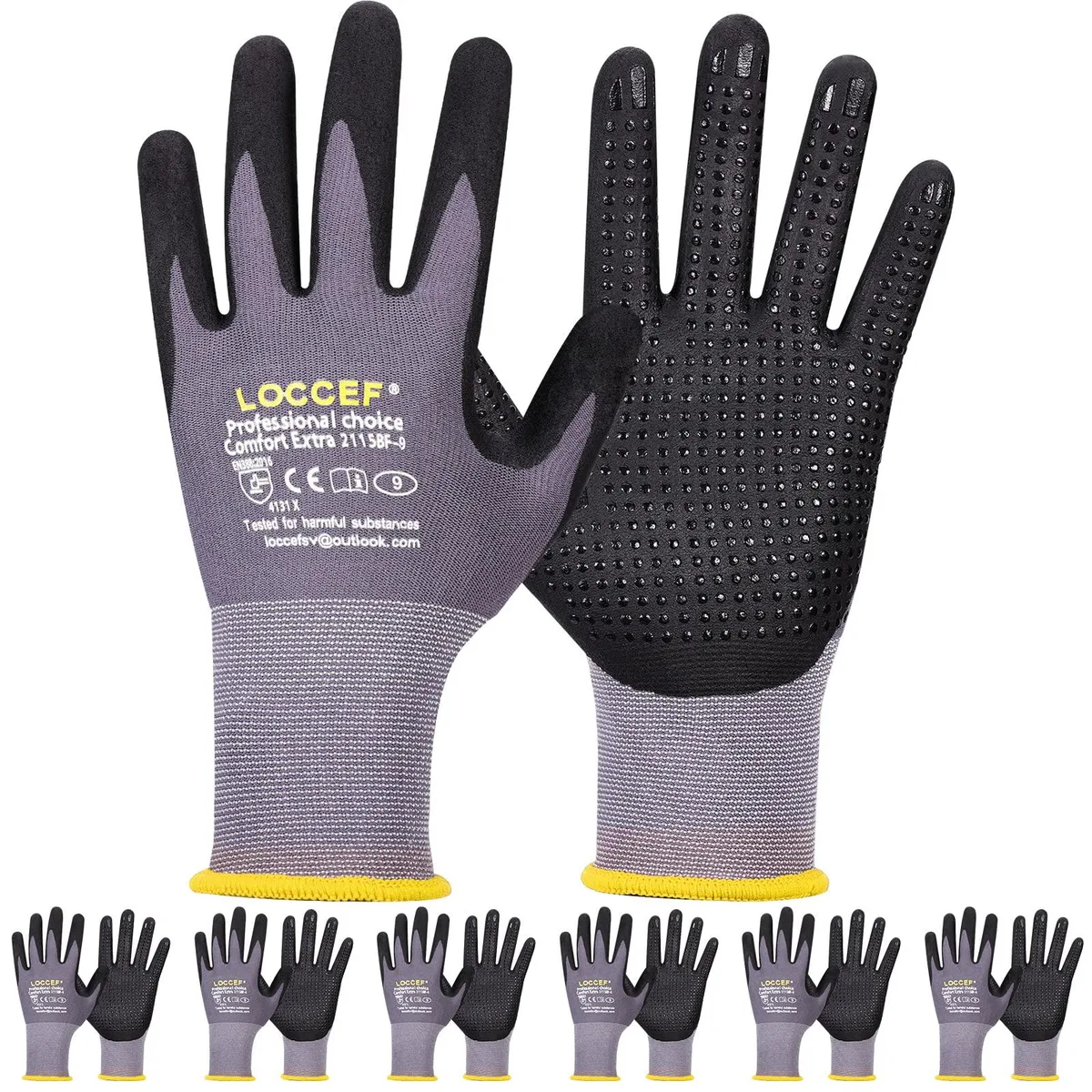 Gray knit gloves with nitrile-coated palms and raised micro dots, size 8, seamless wrist cuffs