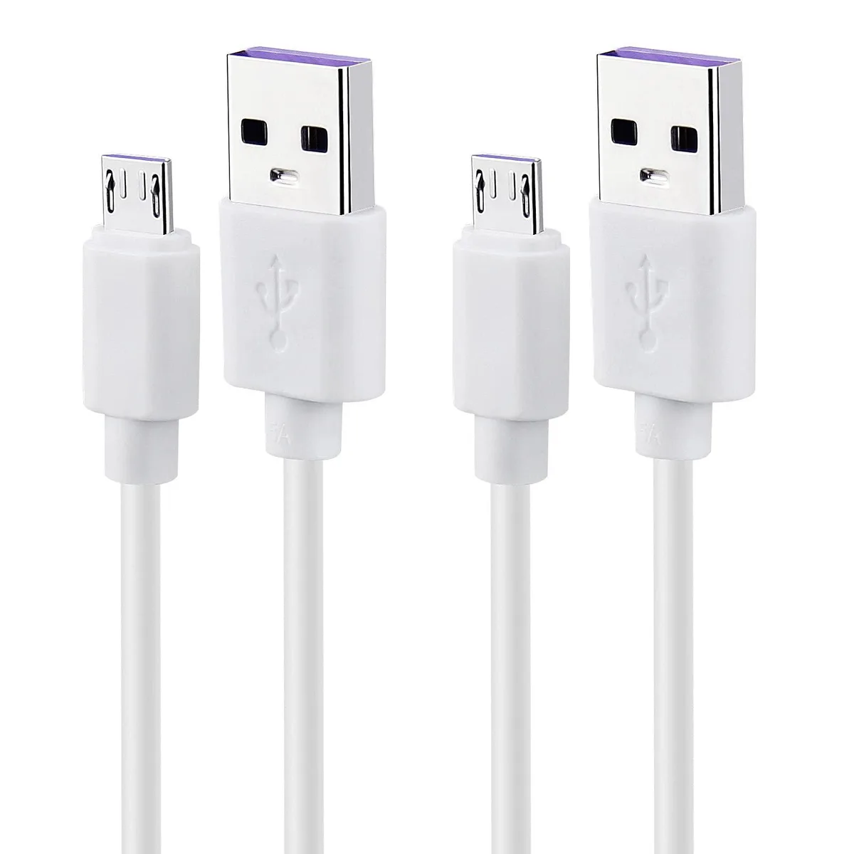 Two white USB-A to Micro-USB cables, three feet long