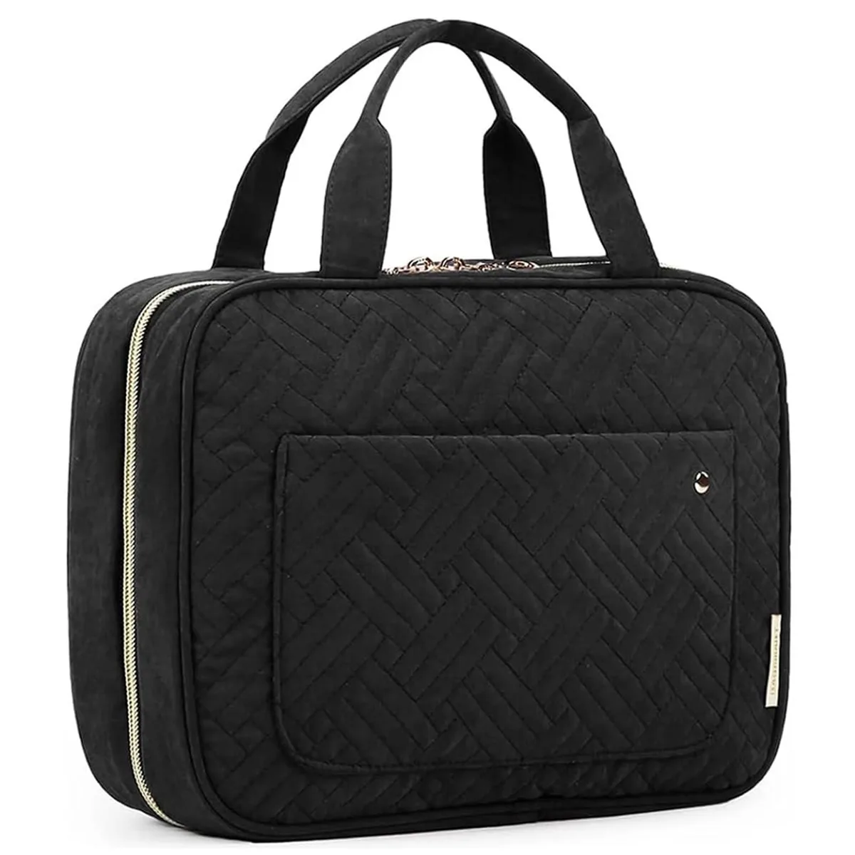 Black medium toiletry bag with hanging hook, folded rectangular shape, water-resistant polyester peach-skin finish
