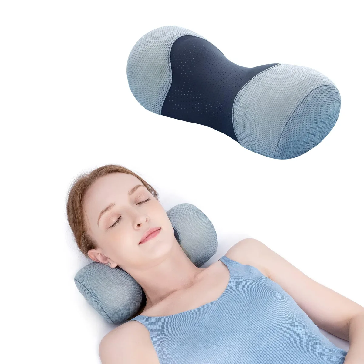 Small black cylindrical neck-support pillow with removable cover, sold in a pack of ten