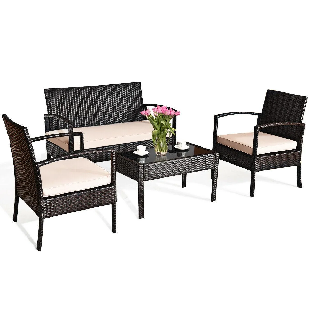 SlickBlue SlickBlue 4 Piece Patio Rattan Set Beige 42.5in Loveseat 29.5in Table — product photo