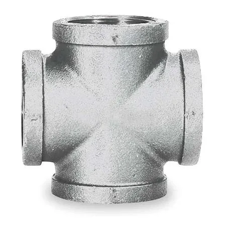 Galvanised malleable iron cross fitting with four female NPT threads