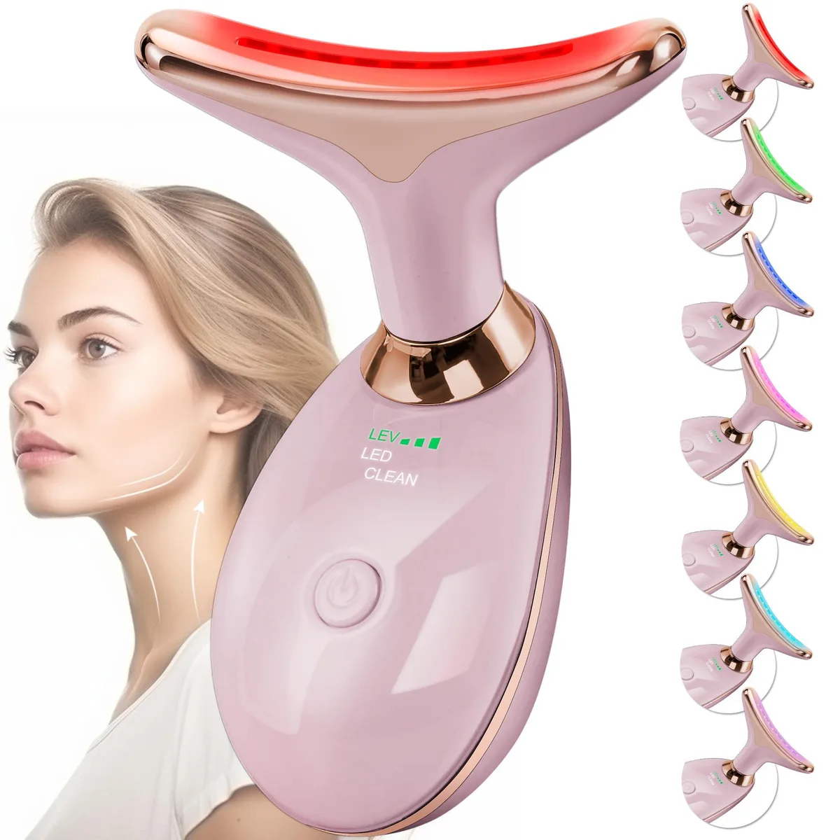 Rose gold facial massager with curved Arc head, compact wand shape