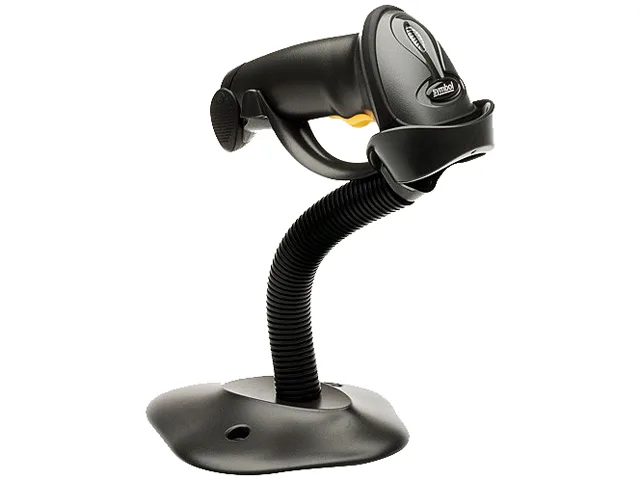 Black handheld laser barcode scanner with USB cable and stand