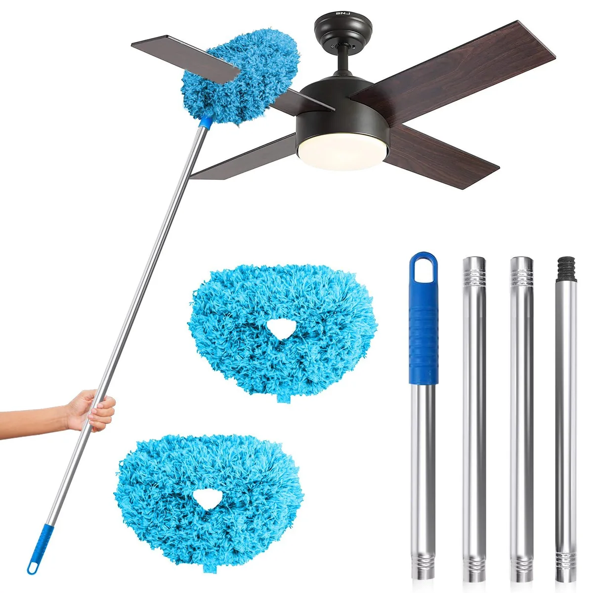 Blue microfiber ceiling fan duster on telescopic aluminium pole, 13 to 48 inches, two pack