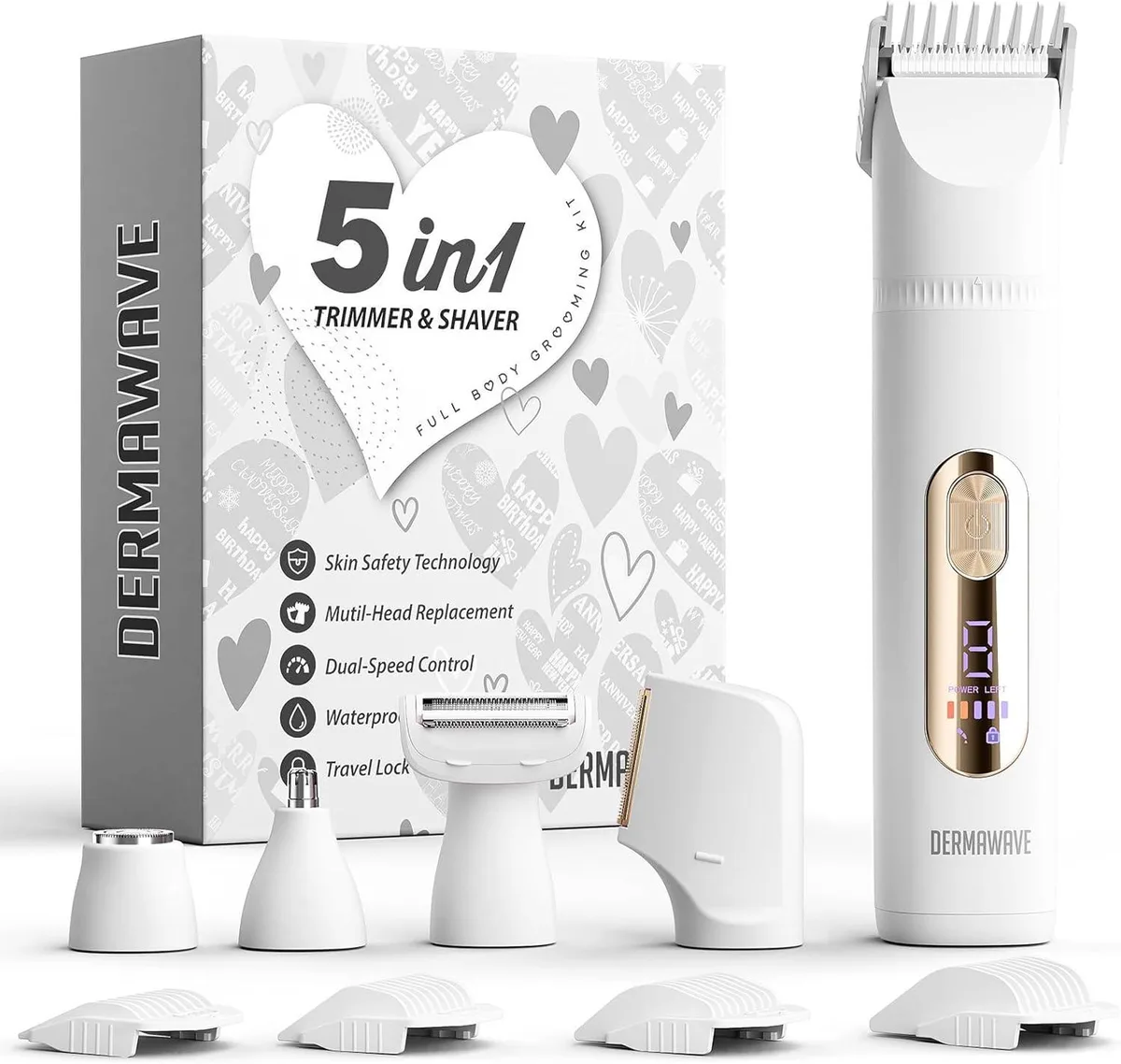 White electric grooming device with five interchangeable heads, USB-C charging port and travel lock button