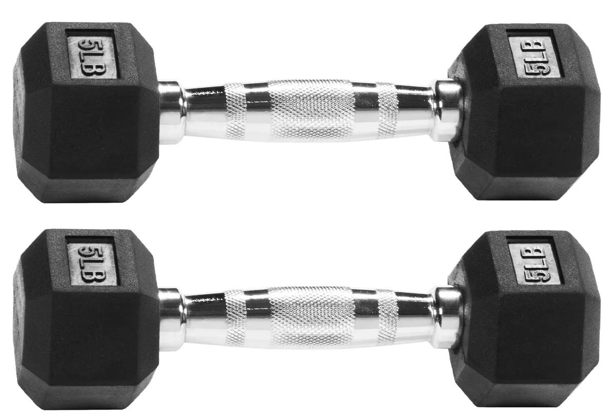 Pair of black rubber hex dumbbells with chrome handles