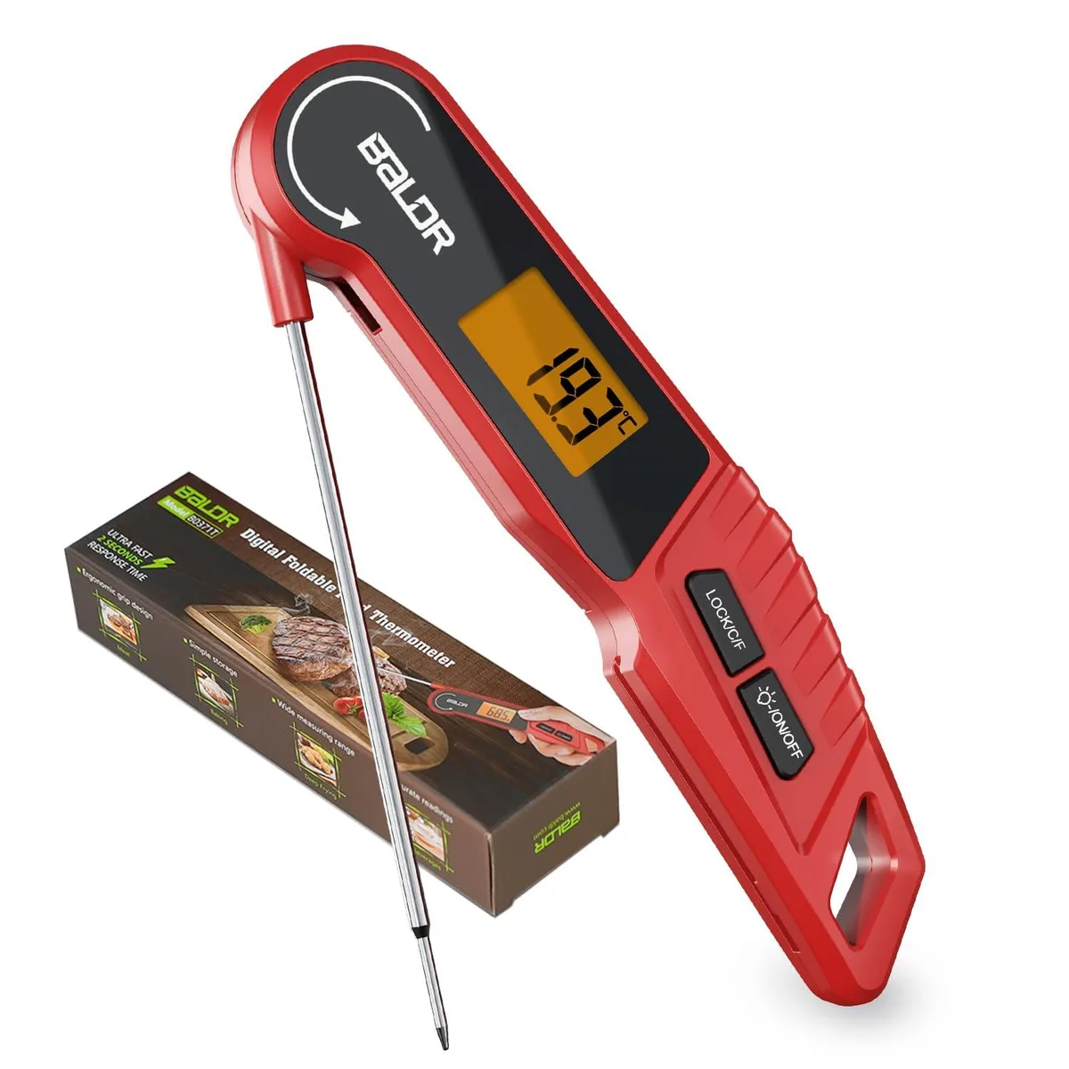 Red digital meat thermometer with 5.5in probe and 180° rotating display