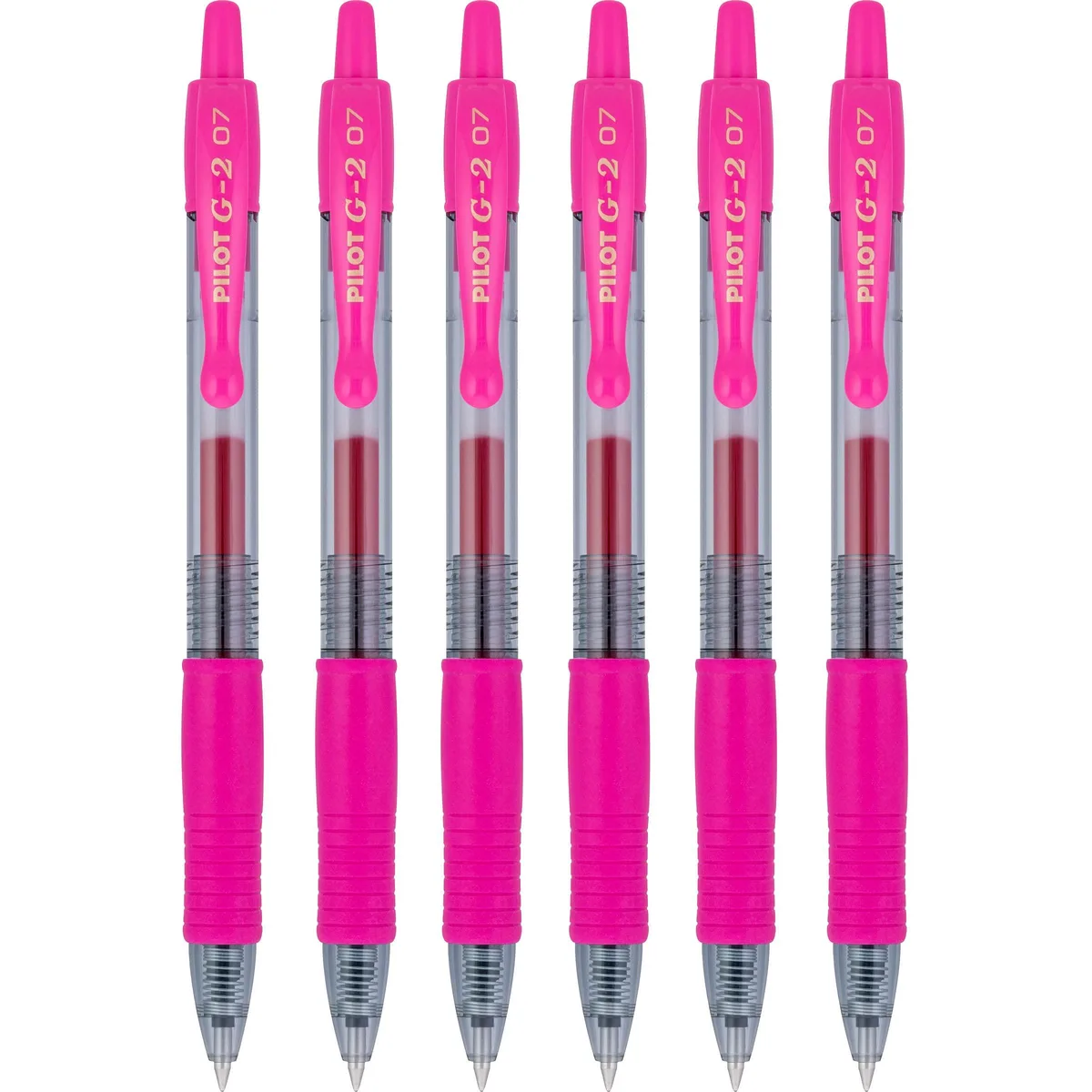 Six pink retractable gel pens with rubber grips