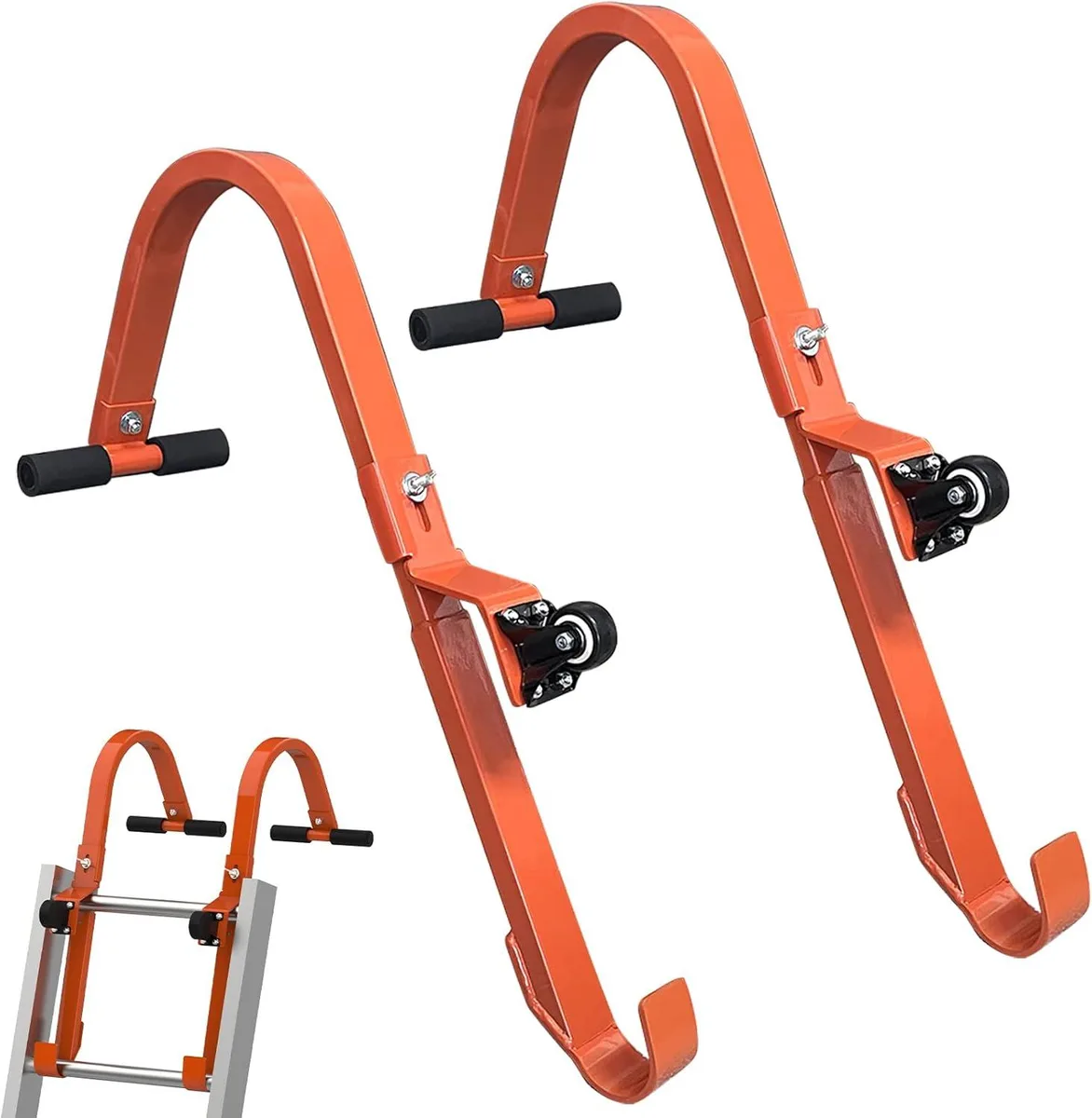 Two silver steel ladder hooks with wheels and rubber T-bars