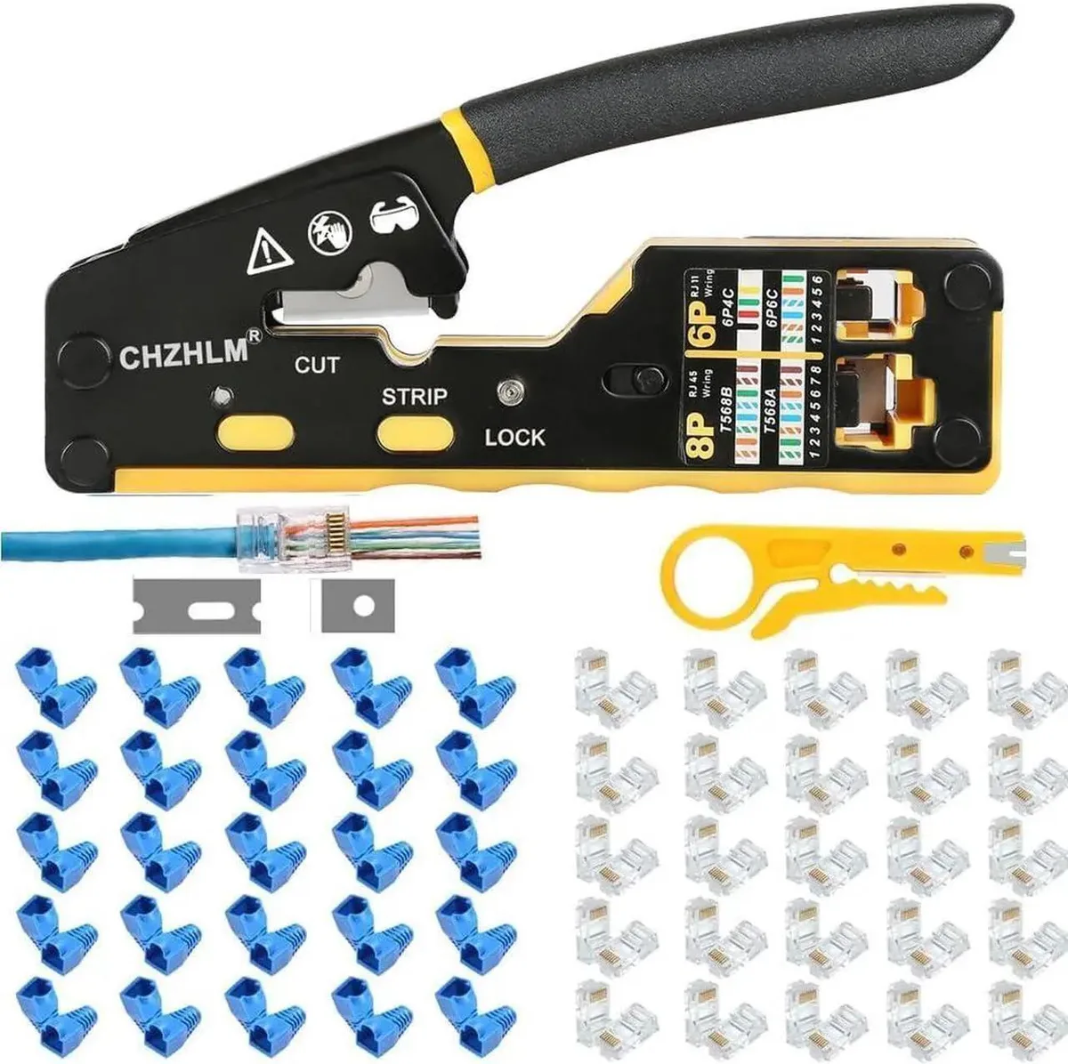 Vszerda Vszerda RJ45 Crimp Tool Kit Pass Through Crimper with 50 Connectors 50 Covers Mini Yellow Stripper — product photo