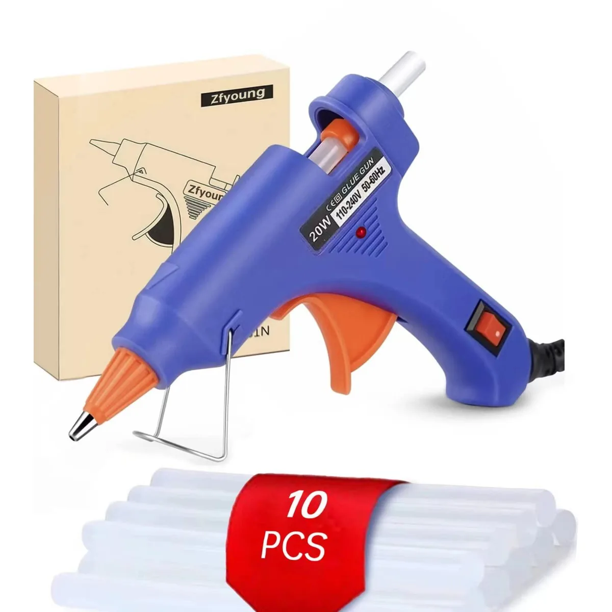 Blue mini hot glue gun with 10 glue sticks