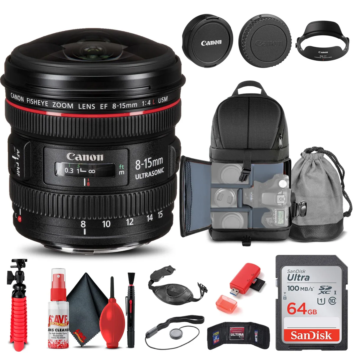 Canon Canon EF 8-15mm f/4L Fisheye USM Lens Bundle with Backpack 64GB Card — product photo