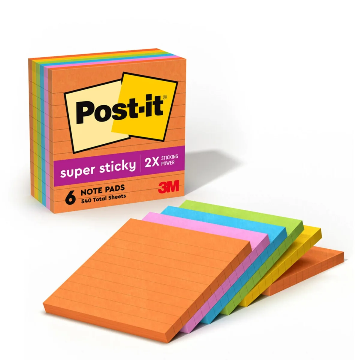 Six square neon lined sticky note pads in a paperboard carton