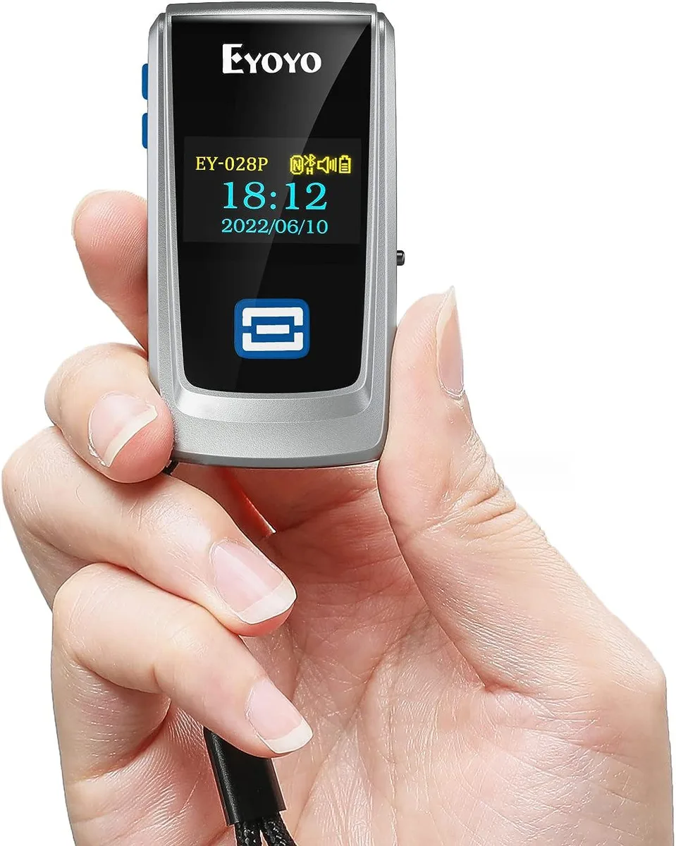 Compact white handheld barcode scanner with small colour LCD screen and trigger button