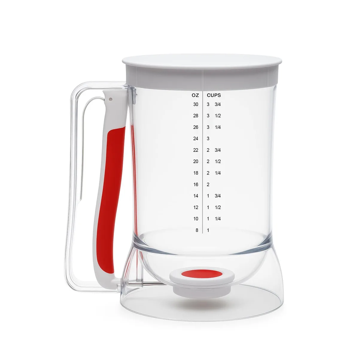 Clear plastic batter dispenser with squeeze handle and measurement markings