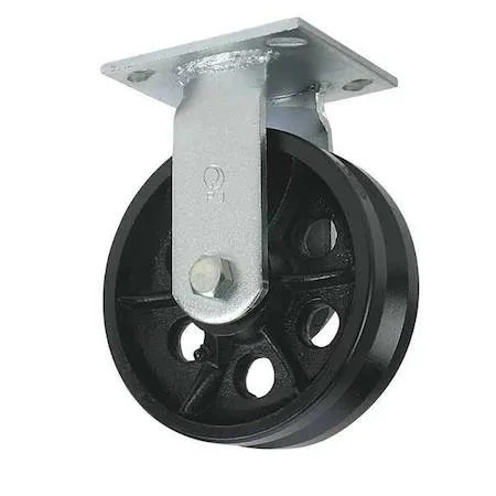Yellow rigid caster with V-groove iron wheel on steel plate