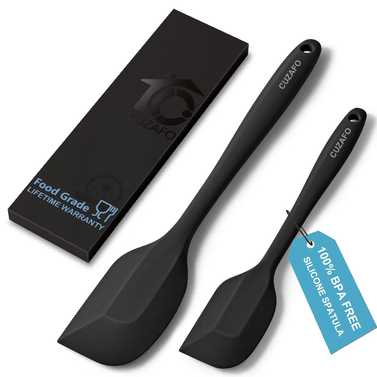 Two black silicone spatulas, 11 and 8 inch, rectangular heads, one-piece design
