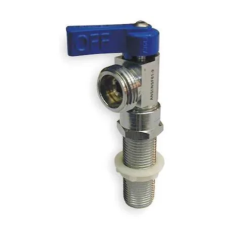 Chrome-plated brass washing machine valve with blue aluminum handle, 1/2 inch connections