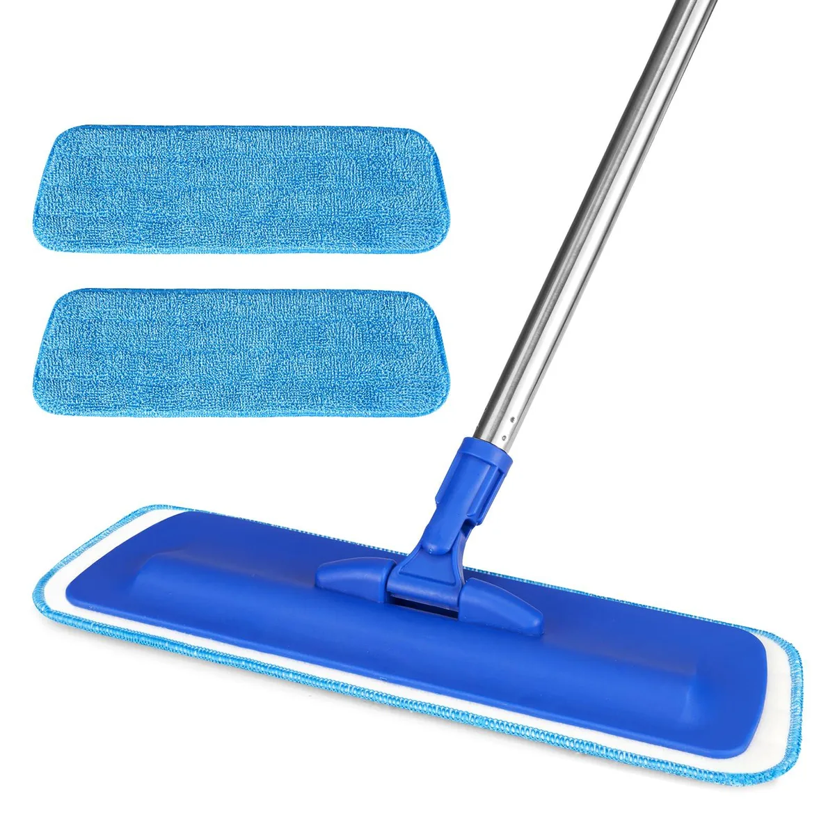 Blue flat mop with stainless steel handle, 18 inch head, four microfiber pads