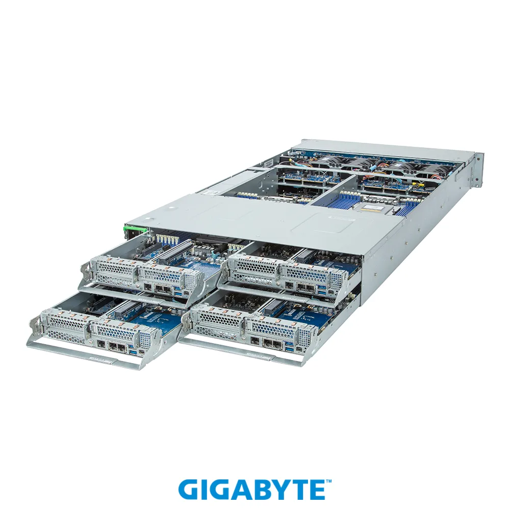 GIGABYTE GIGABYTE H273-Z82-AAN1 barebone server 2U 4-node AMD EPYC 9004 24 DIMMs 8×2.5″ NVMe/SATA/SAS 2600W — product photo