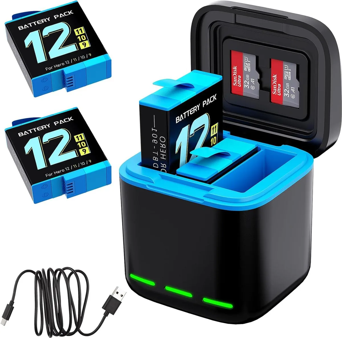BONAEVER BONAEVER 2-Pack 1750mAh Battery &amp; 3-Channel Charger for GoPro Hero 9/10/11/12 — product photo