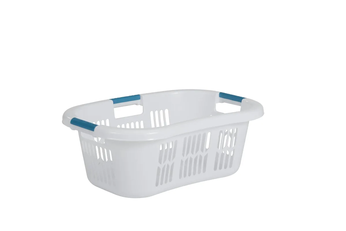 White plastic laundry basket with curved hip-hugger shape and three grab-through handles