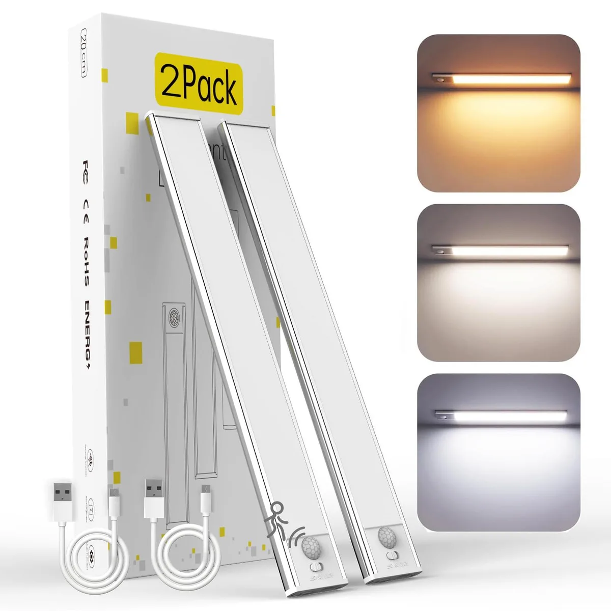 Two white 8-inch magnetic LED bars with USB-C cables
