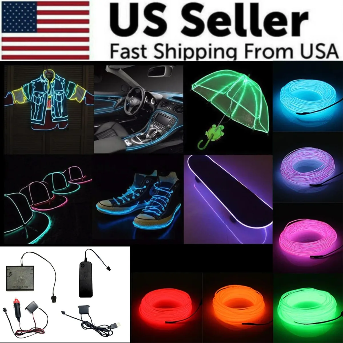 Three thin white electroluminescent wires coiled together with a small controller